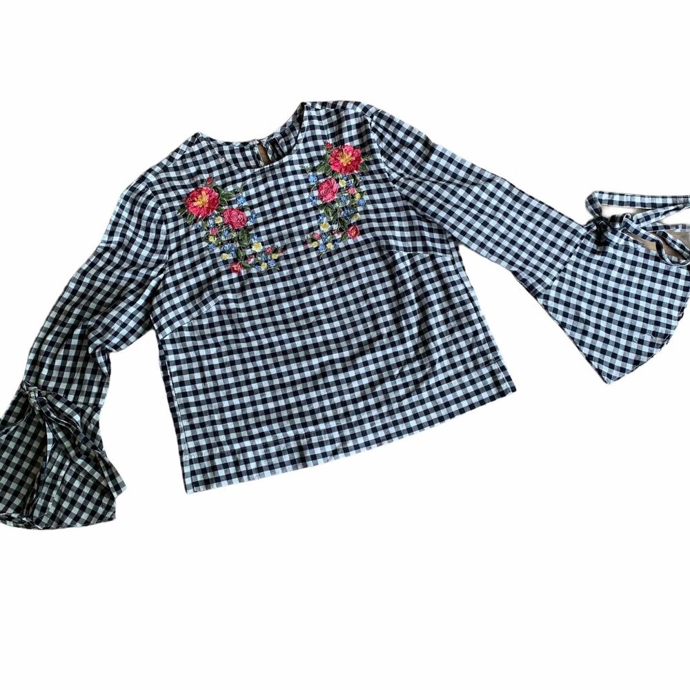 Stradivarius Gingham Bell Sleeved Floral Embroidered Top S